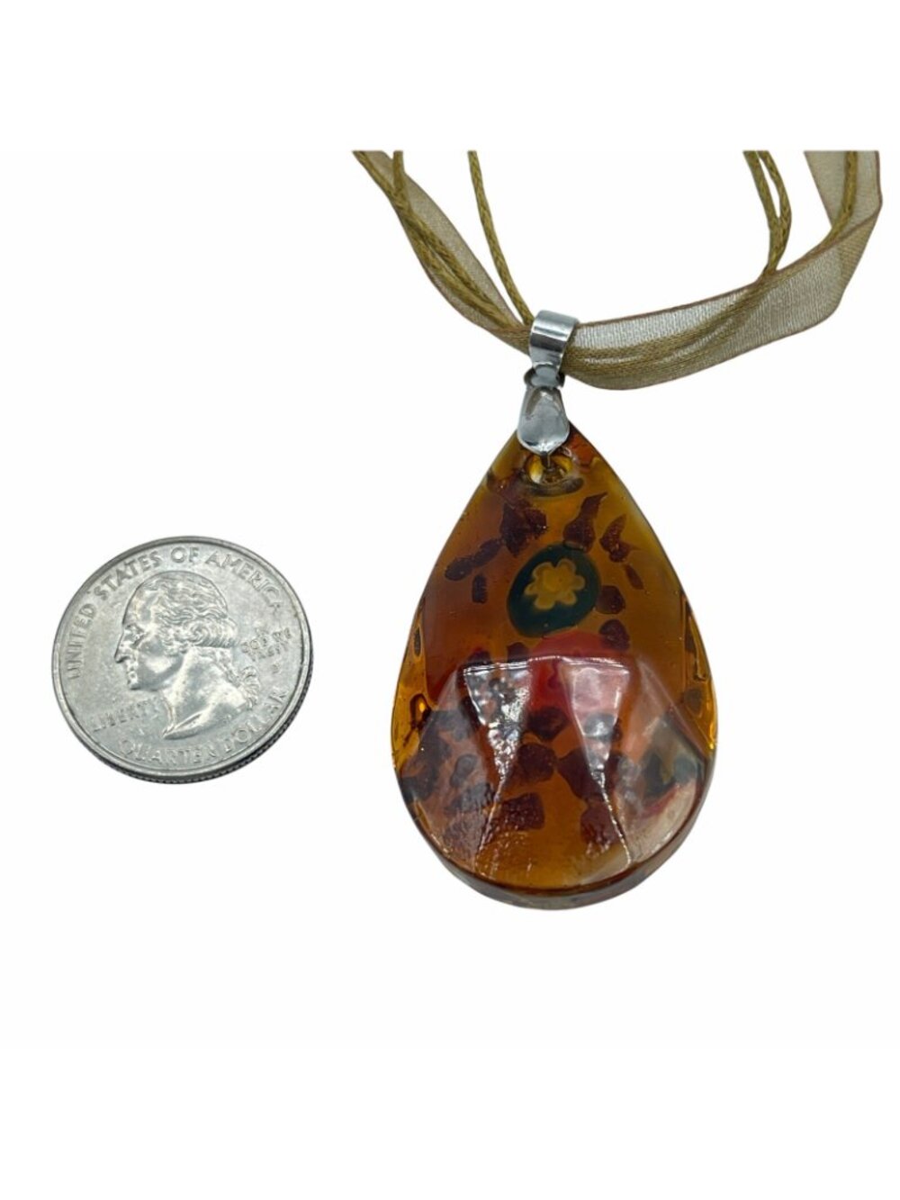 Art Glass Millefiori Pendant Amber and Copper with Orange Blue Green Flowers - Picture 9 of 9